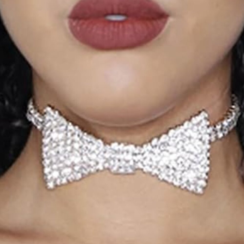 Rhinestone Choker‎ Necklace Silver Bow Tie with Crystal Gems Party Choker